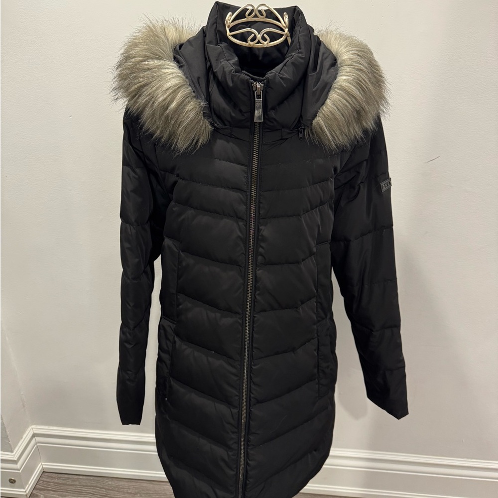 DKNY Women's Black Puffer Coat with Faux Fur Hood